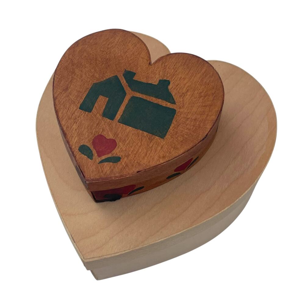 Set of 2 Wooden Heart Trinket Boxes Folk Art Painted & Unfinished